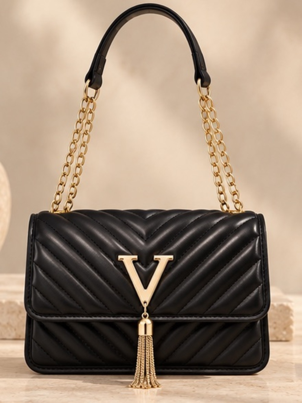 Black Chevron Quilted Gold V Tassel Shoulder Bag • Designer Inspired